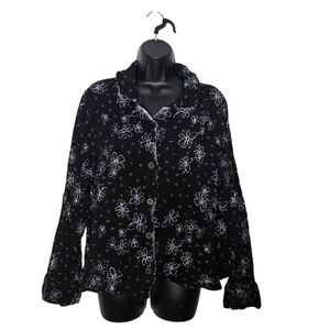 Habitat Clothes to Live In Button Down Top Size Large Black White Floral Frayed